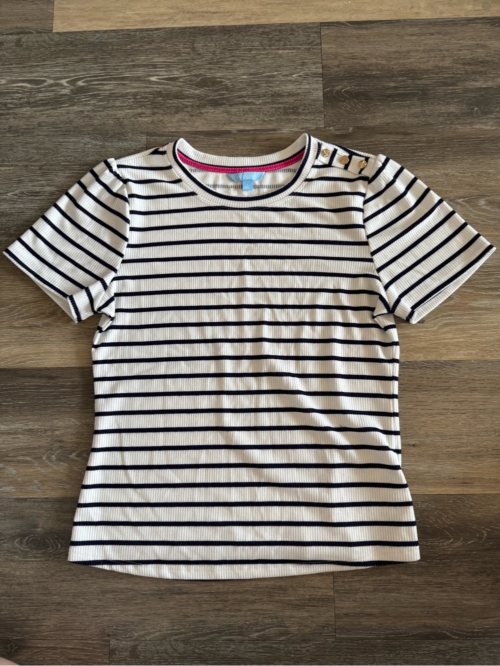 Draper James White & Navy Striped Short Sleeve Tee with Shoulder Buttons